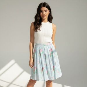 🌻Vintage F.R. Bentley Pleated Pastel Floral Midi Skirt Elastic Waistband Size M